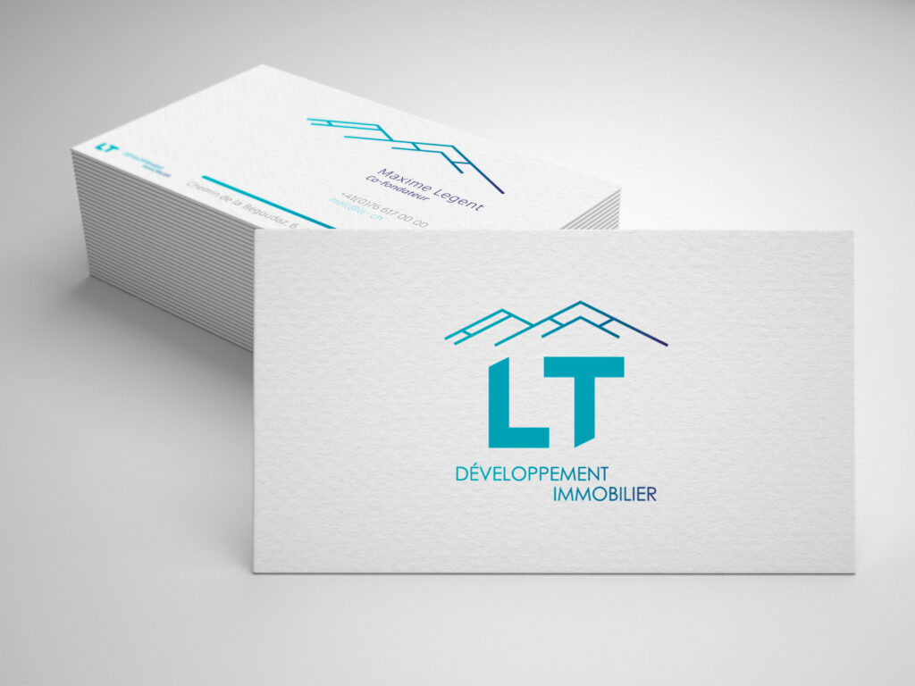 création de cartes de visite pour LT Developpement immobilier, promotion immobilière basée en Suisse.