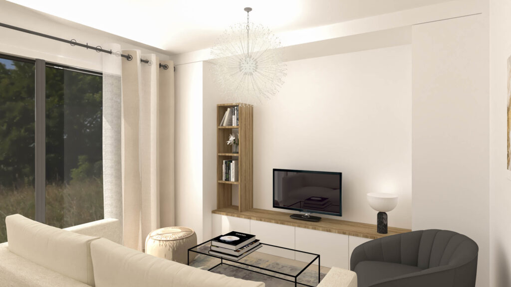 Projet Dolce - Réalisation d'un meuble TV semi sur-mesure avec des rangements dans un style épuré